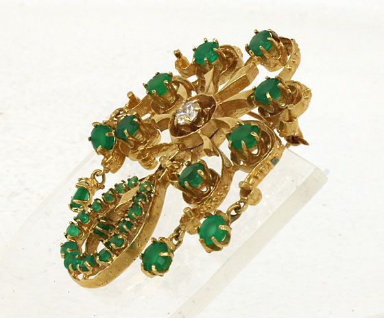 VINTAGE 14K GOLD GREEN ONYX DIAMOND VINTAGE PIN BROOCH  