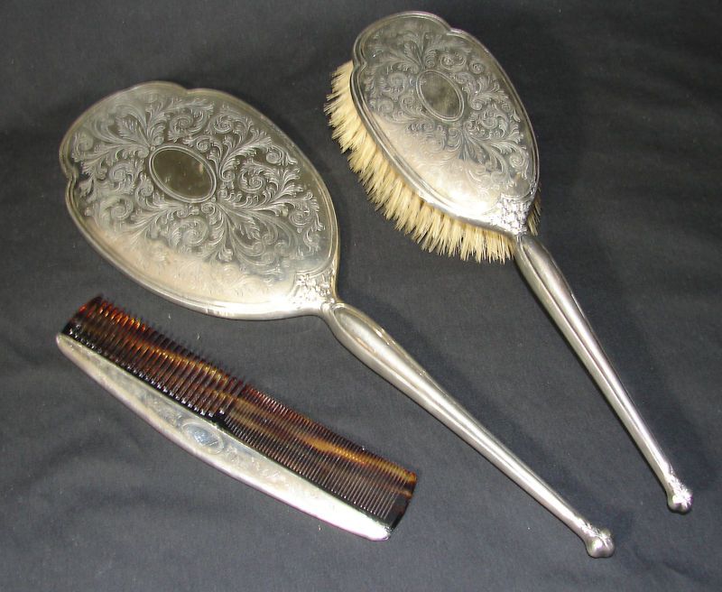 Ornate Sterling Silver Dresser Set, Mirror Brush 1919  