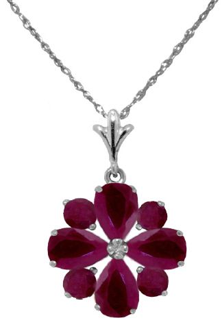 14K. White Gold Natural Red Ruby Gemstones Flower Pendant 18 Inch 