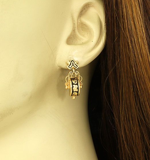 LOVELY 14K GOLD & ENAMEL LADIES VINTAGE EARRINGS  