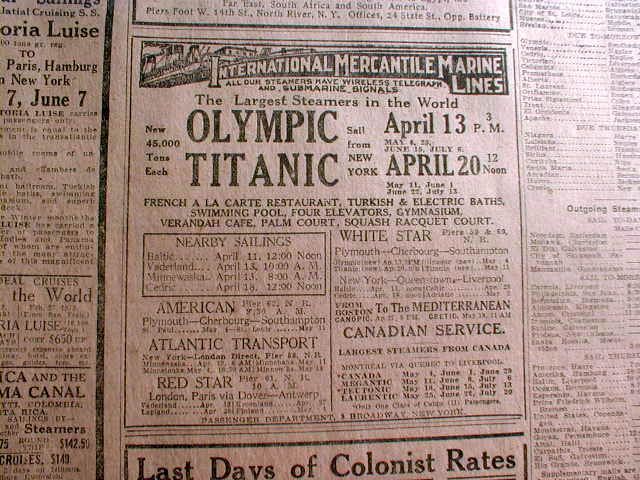 Original 1912 NY Times newspaper w TITANIC SAILING AD 4 return voyage 