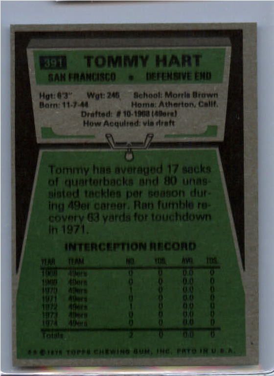 1975 Topps FB #391 Tommy Hart 49ers  