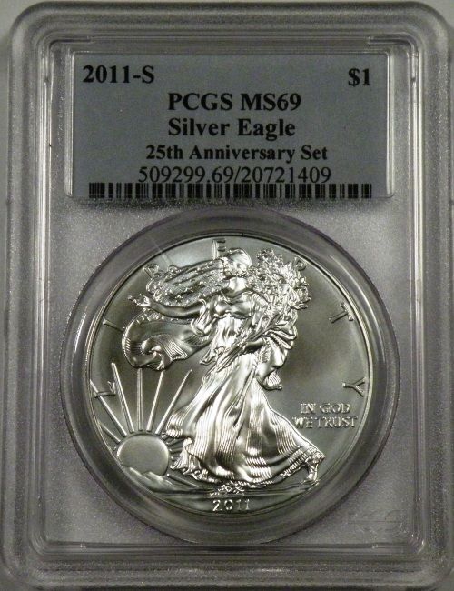 2011 S Burnished Unc Silver Eagle PCGS MS69 25th Anniversary Set NEAR 