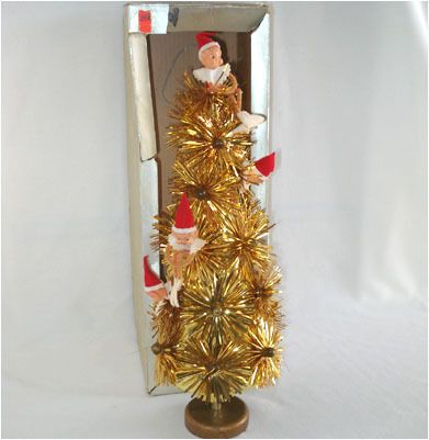 Gold Tinsel Pixie Elves 60s Tabletop Christmas Tree IOB  