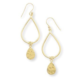 14 KARAT GOLD PLATED FRENCH WIRE EARRINGS HAMMERED DROP  