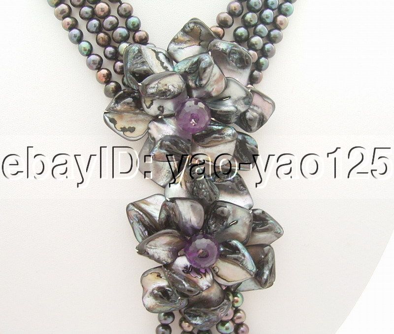 Excellent 4Strds Black Pearl&Shell Flower Necklace  