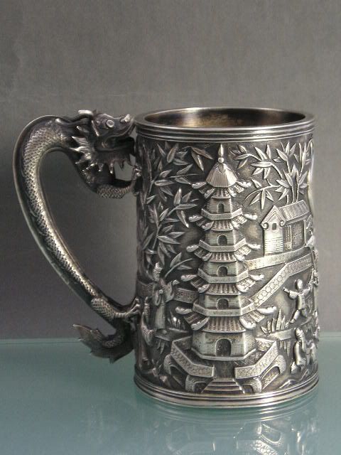 SUPREME ORIENTAL ANTIQUE CHINESE SILVER DRAGON HANDLE MUG TANKARD WANG 