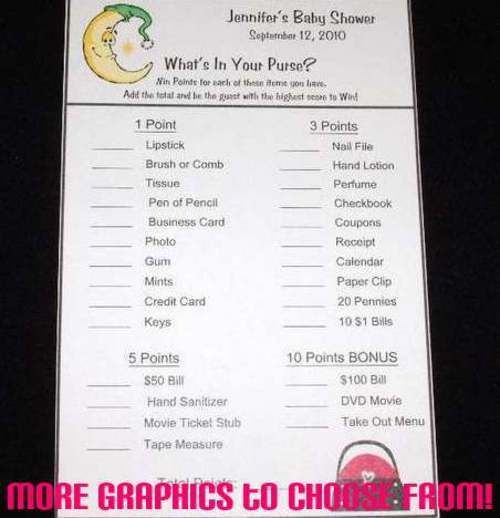 Baby Shower ~ What’s In Your Purse? ~ Personal Game Cards ~ Party 