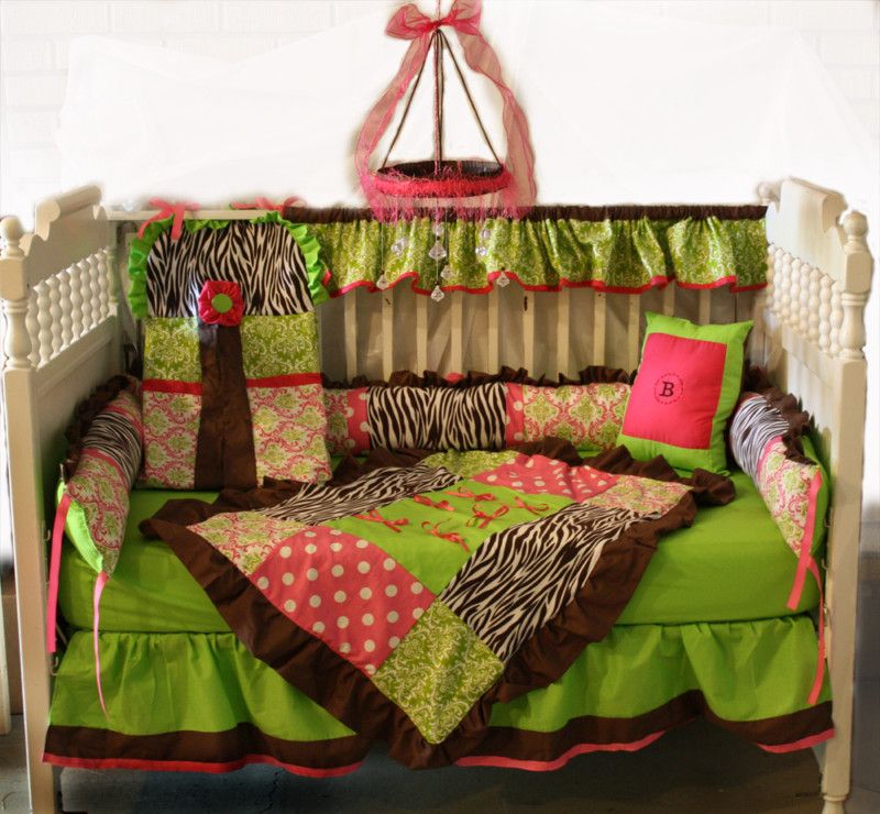 Brown Zebra/Hot pink/Lime Damask Baby bedding set  