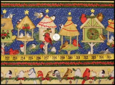 Christmas Cardinals Birds Birdhouses Striped Fabric  