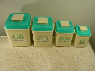   1950s RETRO Aqua Fancy KITCHEN CANISTER SET Hard Plastic  