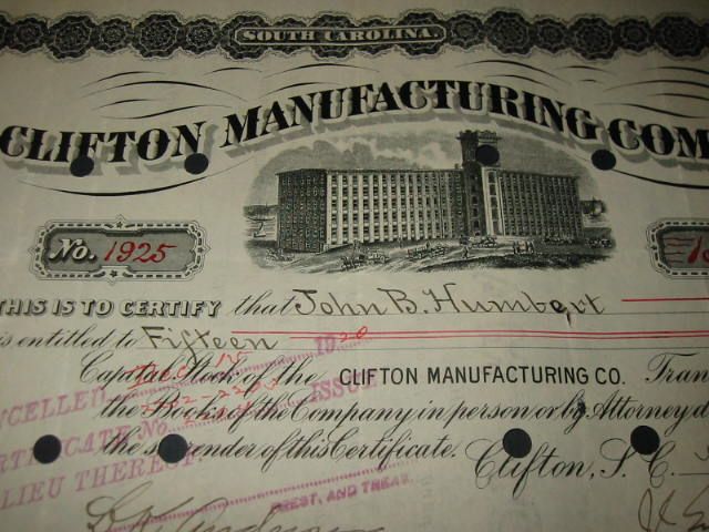 1920 Clifton Manufacturing Co. Stock Certificate   S.C.  