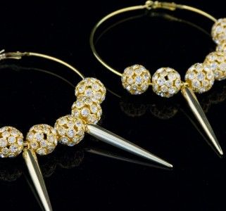 NEW RIHANNA STYLE RHINESTONE GOLD SPIKE HOOP EARRINGS  