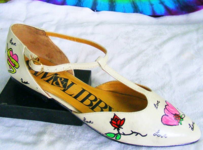 sz 7 B vtg SAM & LIBBY painted OOAK flats T strap shoes  