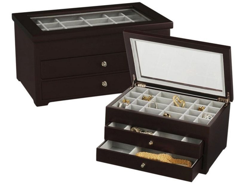   CLASSIC WOODEN JEWELRY BOX ARMOIRE CHEST RING NECKLACE CASE LOCK KEY