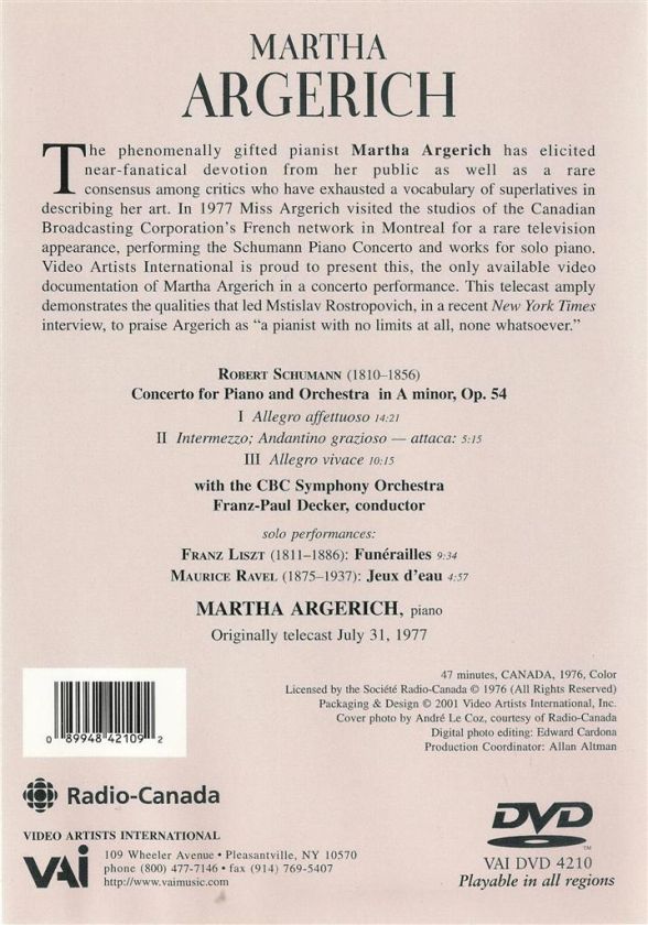 Martha Argerich   Schumanns Piano Concerto Liszt   DVD 089948421092 