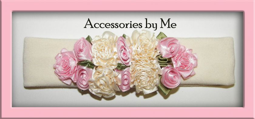 Pageant~Pink & Ivory Sage Roses~Floral Baby Knit Headband~4m   3 years 