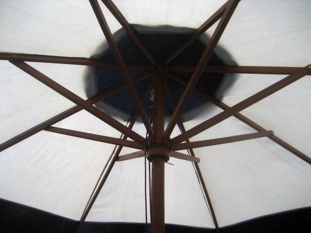 FT.MARKET PATIO UMBRELLA BLACK AND TAN STRIPE NEW  