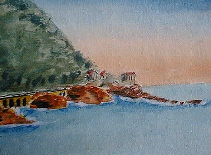 ORIGINAL WATERCOLOR PAINTING FRENCH SEASIDE VILLAGE  