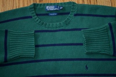   LAUREN Green Blue striped cotton crewneck SWEATER 2XL golf/prep  