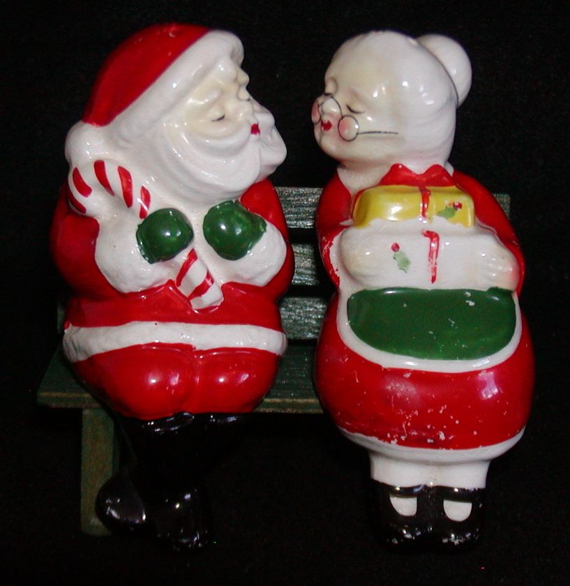 Kissing Santa & Mrs Claus Salt & Pepper Shakers + Bench 3 Piece Set 