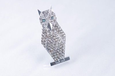   Deco 1920s Silver Plated Paste Pave Rhinestone Owl Pin Broooch  