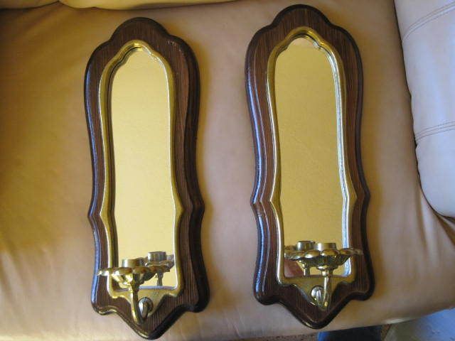 Wall Sconces Cast Aluminum Faux Wood & Brass color w Mirrors Candle 